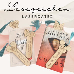 May include: Wooden bookmarks with teal tassels, featuring laser-cut animal designs: a dog, cat, turtle, and mouse. The bookmarks are placed in books with German and English text. The image includes the text "Lesezeichen LASERDATEI".
