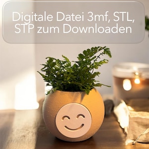 May include: A small, round, tan-colored planter with a smiling face design, holding a vibrant green plant. The planter is on a wooden surface. Text above reads "Digitale Datei 3mf, STL, STP zum Downloaden."