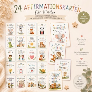 Può includere: Un set di 24 carte di affermazione stampabili per bambini con illustrazioni colorate di animali e testo positivo in tedesco. Le carte includono frasi come Ich bin BESONDERS e Ich darf um HILFE bitten, presentate in una griglia con dettagli aggiuntivi sul formato di download PDF.
