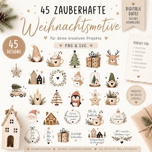 May include: A digital collection of 45 Christmas-themed illustrations including gnomes, reindeer, snowmen, decorated trees, gift boxes, and festive mugs. The set features PNG and SVG file formats with text elements in German and English.