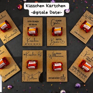 May include: A collection of Kraft paper cards with a Ferrero Rocher chocolate attached to each. The cards have various handwritten messages in German, with decorative elements and text that reads "Küsschen Kärtchen - digitale Datei-".