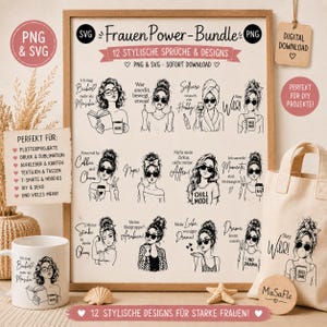 Puede incluir: Un paquete de descarga digital que incluye 12 ilustraciones de línea en blanco y negro de mujeres con varios peinados y gafas de sol, acompañadas de frases en alemán. Los diseños se muestran en un póster enmarcado, una taza blanca y una bolsa de tela.