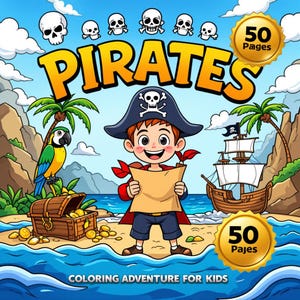 Pirate Coloring Book for Kids: 50 Printable Treasure Hunt Pages (PDF Download)