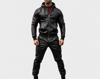 Mono de cuero negro para hombre, corte ajustado, mono de cuero con cremallera.