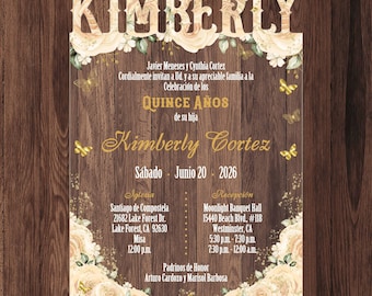 Acrylic Invitation: Ivory Roses, Gold Splatter, Custom Name Cutout