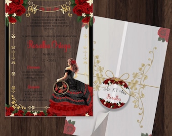 Floral Acrylic Quinceañera Invitation: Red Roses, Gold Frame, Red & Black Gown, Vellum Wrap