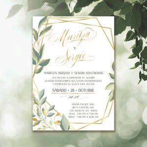Puede incluir: Una invitación de boda con un marco geométrico dorado y follaje verde. La invitación dice "Maritza y Sergio" e incluye la fecha "Sábado 28 de Octubre de 2026" y la ubicación "Grand Palace Hall 1212 N Eastern Ave Los Angeles, CA 90032".