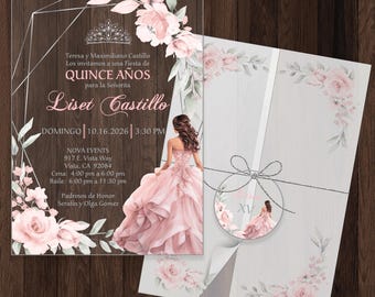 Pink and Silver Floral Acrylic Quinceañera Invitation with Silver Tiara, Vellum Wrap