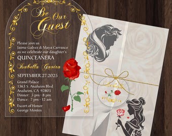 Arc Acrylic Invitation: Red Rose, Gold Border, Beauty & The Beast "Be Our Guest", Vellum Wrap