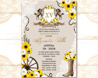 Rustic Sunflower Quinceañera Invitation: Lace, Horses, Cowgirl Boot