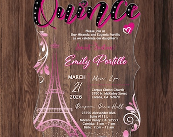 Paris Eiffel Tower Acrylic Quinceañera Invitation: Glitter Swirls