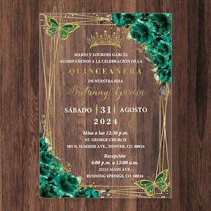 May include: A Quinceañera invitation with a gold and green color scheme. The invitation features a gold crown, butterflies, and green roses. The text on the invitation reads "Mario y Lourdes Garcia Acompañenos a la celebración de la Quinceañera de nuestra hija Batanny Garcia Sábado 31 Agosto 2024 Misa a las 12:30 p.m. St. George Church 505 N. Summer Ave., Denver, CO 80024 Recepción 4:00 p.m. a 12:00 a.m. 22111 Main Ave. Running Springs, CO 80024"