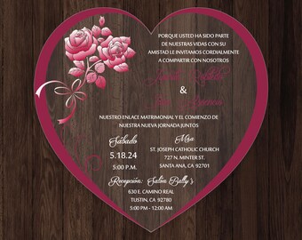 Romantic Heart Acrylic Invitation: Rose Bouquet, Heart-Shaped Cutout