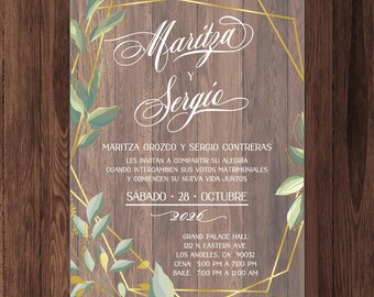 Frosted Acrylic Invitation: Gold Frame, Green Leaves, Elegant Design
