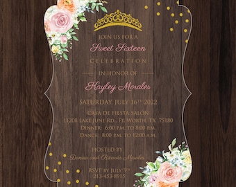 Crest Acrylic Invitation: Floral, Gold Tiara, Glitter Dots