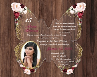 Butterfly Acrylic Invitation: Burgundy Blush Flowers, Gold Glitter, Photo