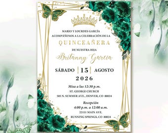 Emerald Green Floral Quinceañera Invitation: Gold Tiara, Butterflies (Printed)