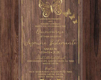 Acrylic Invitation: Gold Frame, Butterfly Details