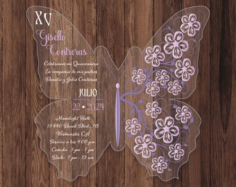 Butterfly Acrylic Quinceañera Invitation: Purple Floral Design, Elegant Swirls