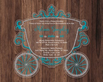 Carriage Acrylic Quinceañera Invitation: Silver & Turquoise Design
