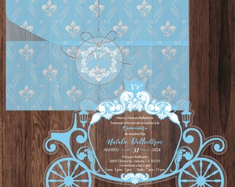 Carriage Cutout Acrylic Quinceañera Invitation: Cinderella Design, Vellum Wrap