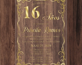 Elegant Acrylic Invitation: Gold Flower Frame, 15th/16th Birthday