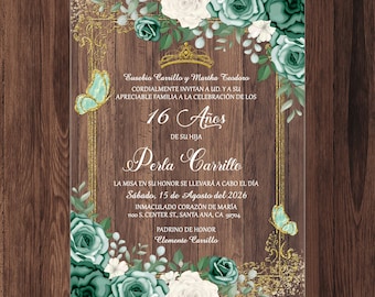 Acrylic Invitation: Green Roses & Butterflies, Gold Tiara, Artistic Splatter