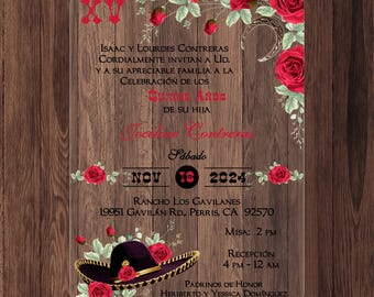 Charro Acrylic Invitation: Black Hat, Red Roses, Gold Trim