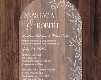 Frosted Acrylic Wedding Invitation: Elegant Floral Arc Cut