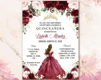 Burgundy Roses Quinceañera Invitation: Elegant Gold Tiara, Burgundy Gown (Printed)