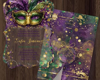Acrylic Crest Mardi Gras, Masquerade Invitation: Glitter Gold, Purple and Green, Printed Wrap
