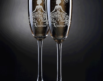 Personalisierte Quince Champagnerflöten: Gravierte Quinceamaßa & Sweet Sixteen Toasting Gläser, Quitte Geschenkbox