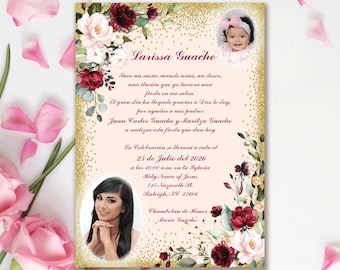 Printed Invitation with Burgundy & Blush Flowers, Gold Glitter, a Personalized Photo, for a unique, elegant design.