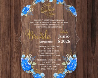 Acrylic Invitation: Watercolor Blue Roses, Gold Crest Cut