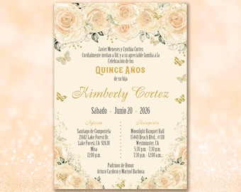 Ivory Roses Invitation: Gold Splatter & Butterflies, Semi-Gloss