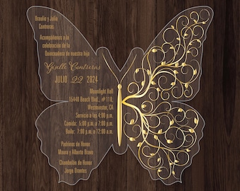 Golden Butterfly Acrylic Invitation: Whimsical Swirls, Butterfly Cutout