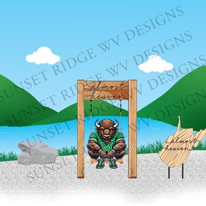 May include: A digital illustration featuring a brown bull wearing a green jersey with the letter "M" on it, sitting on a swing set. The swing set has the words "almost heaven" on it. The background includes a lake, mountains, and a West Virginia outline.
