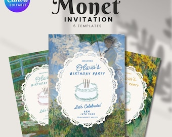 Monet Birthday Invitation Template, Editable French Impressionist Birthday Invite Bundle, Canva Digital Download