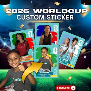 May include: A digital graphic featuring four rectangular custom 2026 World Cup stickers with light blue backgrounds, large stylized numbers, and FIFA branding. The stickers display portraits of individuals, country flags, and text labels.