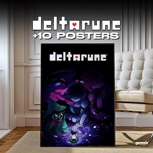 Peut inclure: Une affiche rectangulaire présentant le logo Deltarune avec un cœur rouge et le texte +10 POSTERS. L'illustration montre trois personnages dans un décor sombre aux tons violets, avec un personnage tenant une lanterne allumée au premier plan.