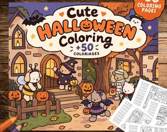 Cute Halloween Coloring Book | 50 Printable Coloring Pages | Spooky Cute Coloring Pages | Kids & Adults | Digital Download