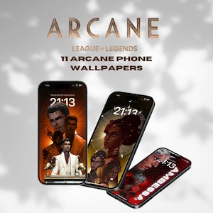 Peut inclure: Trois maquettes d'iPhone affichant différents fonds d'écran de téléphone mettant en scène des personnages de la série animée Arcane, basée sur le jeu vidéo League of Legends. Les fonds d'écran présentent Jinx, Vi et Vander.