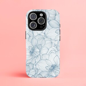 Minimal Blue Floral Line Art iPhone Case, Elegant Botanical Tough Phone Cover, Aesthetic Nature-Inspired iPhone Case for Her