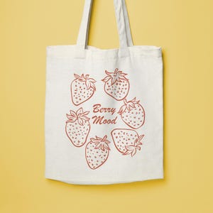 Berry Mood Tote Bag, Minimalist Strawberry Canvas Bag, Aesthetic Fruit Print Reusable Tote, Kawaii Summer Gift, Eco Market Bag