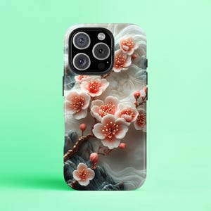 Jade Flower iPhone Case, Tough Protective Phone Cover with Elegant Floral Carving Design, Artistic Gift for Her, Asian-Inspired Style
