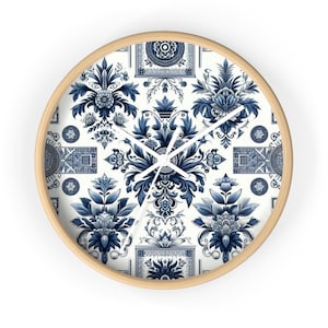 Elegant Floral Wall Clock | Vintage Home Decor, Blue and White Design, Kitchen Wall Art, Gift for Her, Timeless Style