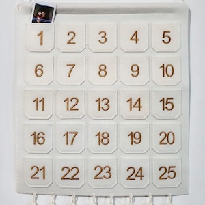 Photo Advent Calendar with Pockets, Christmas Calendar Countdown - Gold Embroider Numbers Felt Advent Calendar w/ 25 Small Pockets