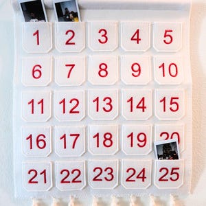 RED Photo Advent Calendar with Pockets, Christmas Calendar Countdown - RED Embroider Numbers Felt Advent Calendar w/ 25 Small Pockets