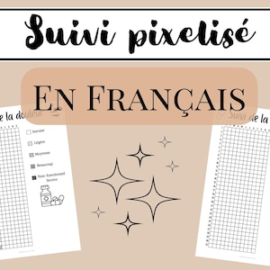 Puede incluir: Un rastreador de dolor imprimible en blanco y negro con un diseño pixelado. El rastreador está etiquetado como "Suivi de la douleur" en francés, que se traduce como "Rastreador de dolor". El rastreador tiene una cuadrícula con casillas para colorear para rastrear los niveles de dolor. Los niveles de dolor están etiquetados en francés: "Aucune" (Ninguno), "Légère" (Leve), "Moyenne" (Moderado), "Beaucoup" (Mucho) y "Non-fonctionnel Severe" (No funcional Grave).
