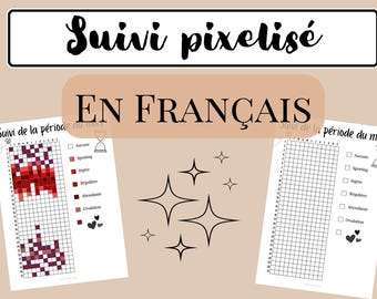Jaarlijkse, gepixelde tracking, maandelijkse menstruatie-tracking, in het Frans, printbare bullet journal-pagina's, dagboekpagina's, A5- en A4-formaat, in het Frans.
